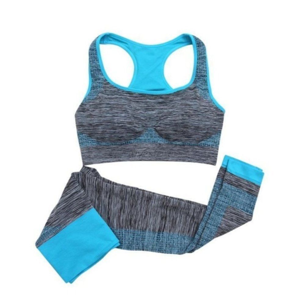 Heathered Gray and Turquoise Seamless Active Crop Top & Joggers Set